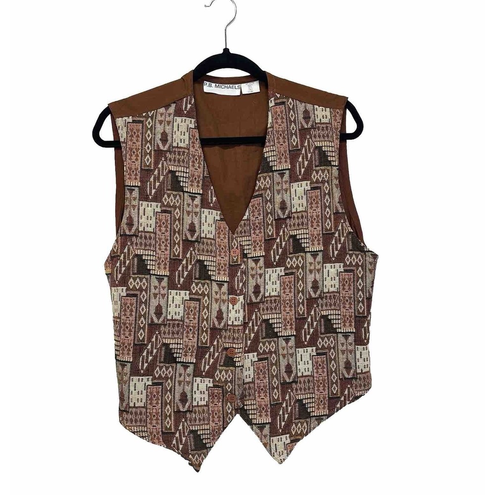 P.B Michaels 100% Cotton Embroidered Western Vest Sz. L Brown Boho Rodeo Country